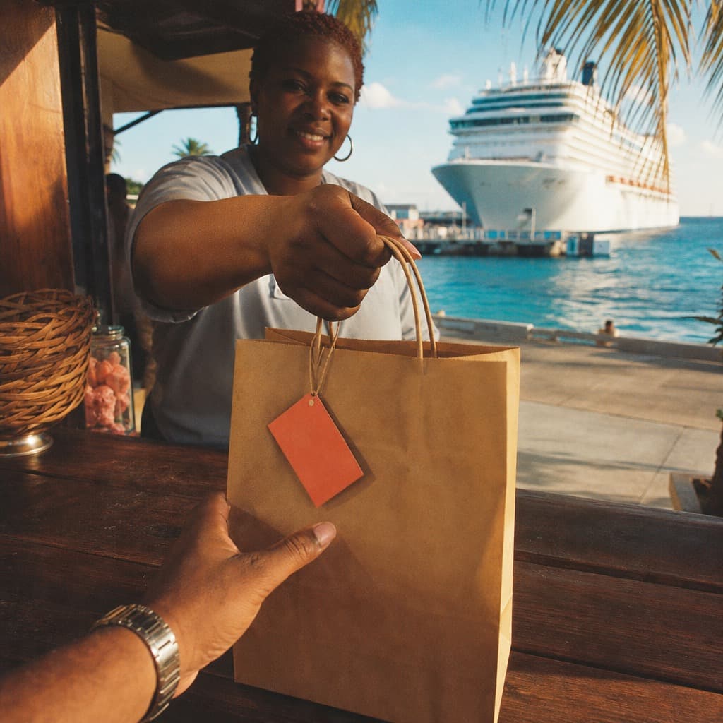 A hub host handing a kraft paper pickup bag with a coral tag across a counter, a docked cruise ship in the background
