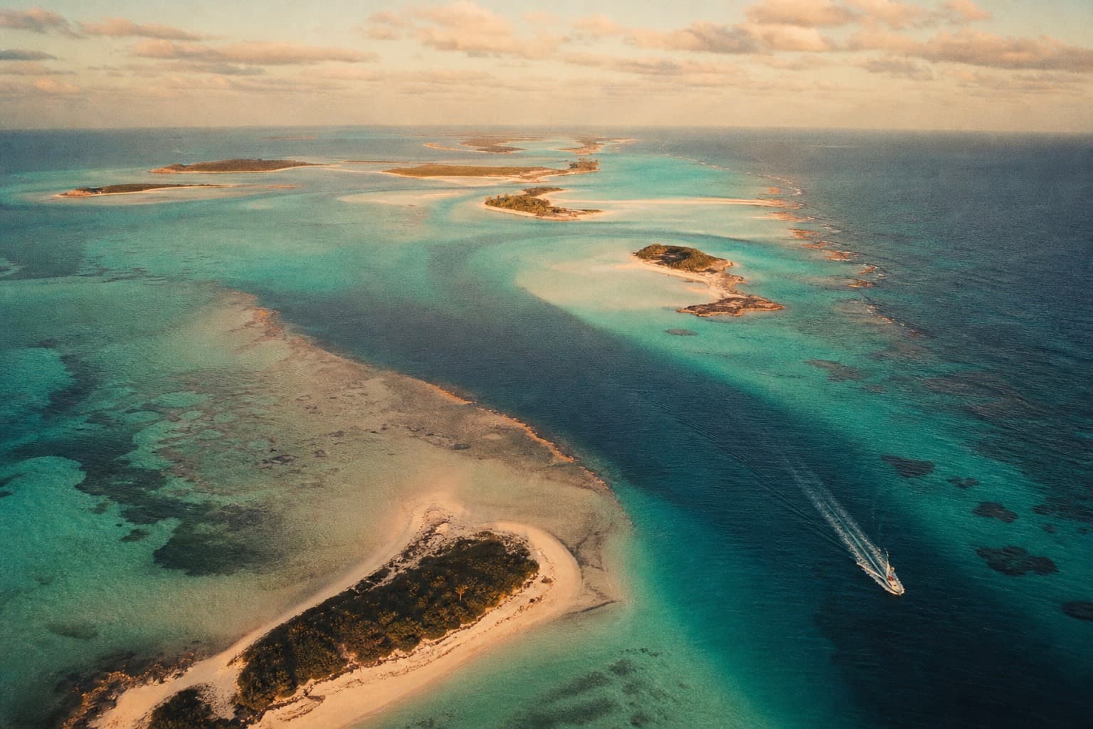 An aerial view of a chain of Bahamian islands and sandbars scattered across turquoise shallows